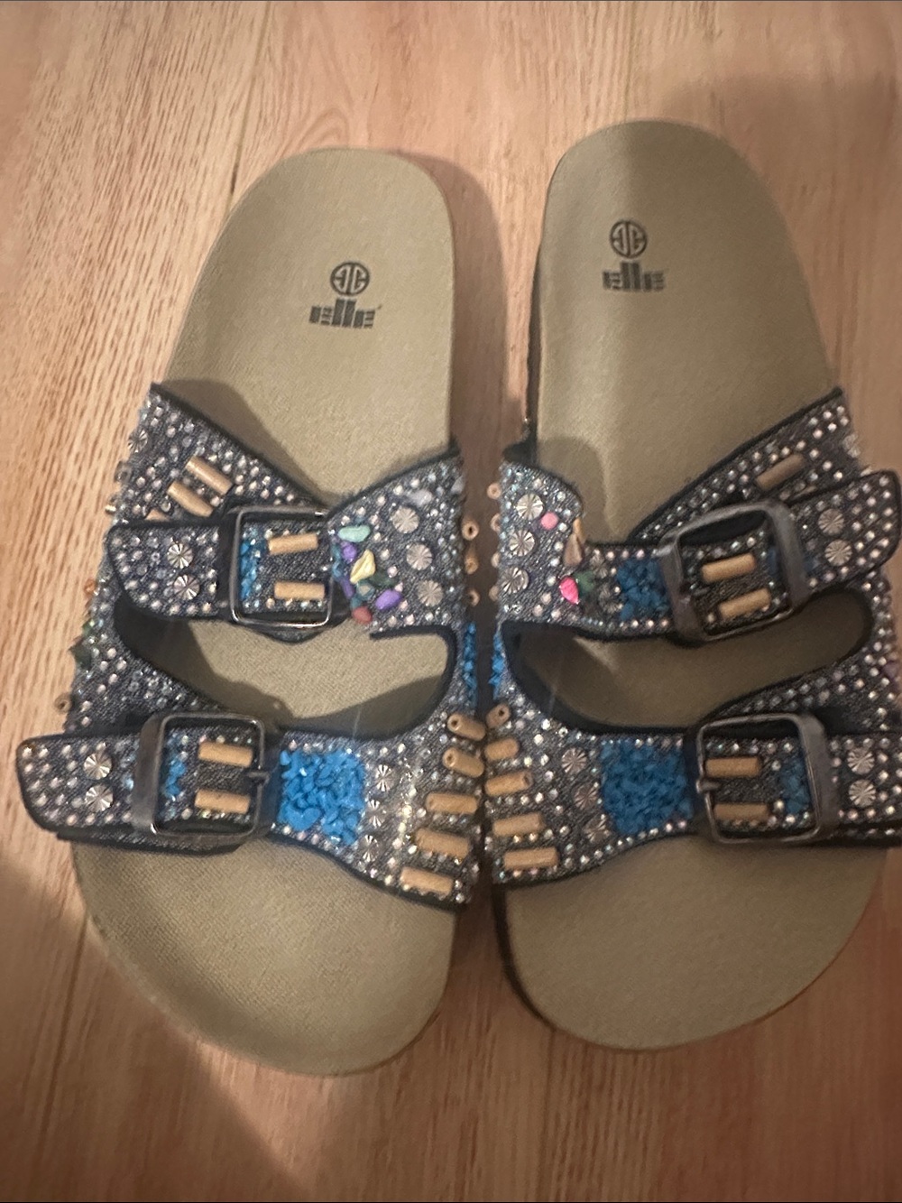 Elle Beaded Double-Strap Slide Sandals in Blue and Tan